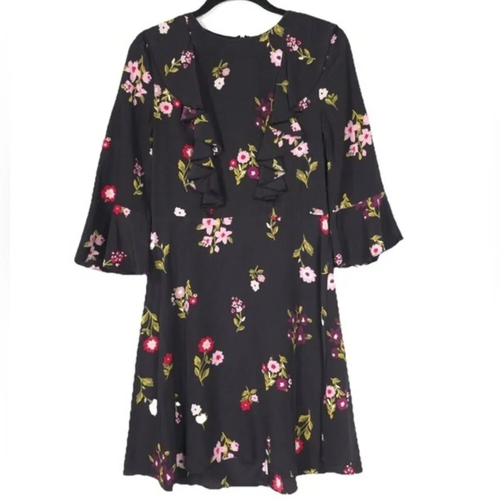 Kate Spade‎ 100% SILK In Bloom Ruffle Dress Women’s Size 2 Black Floral